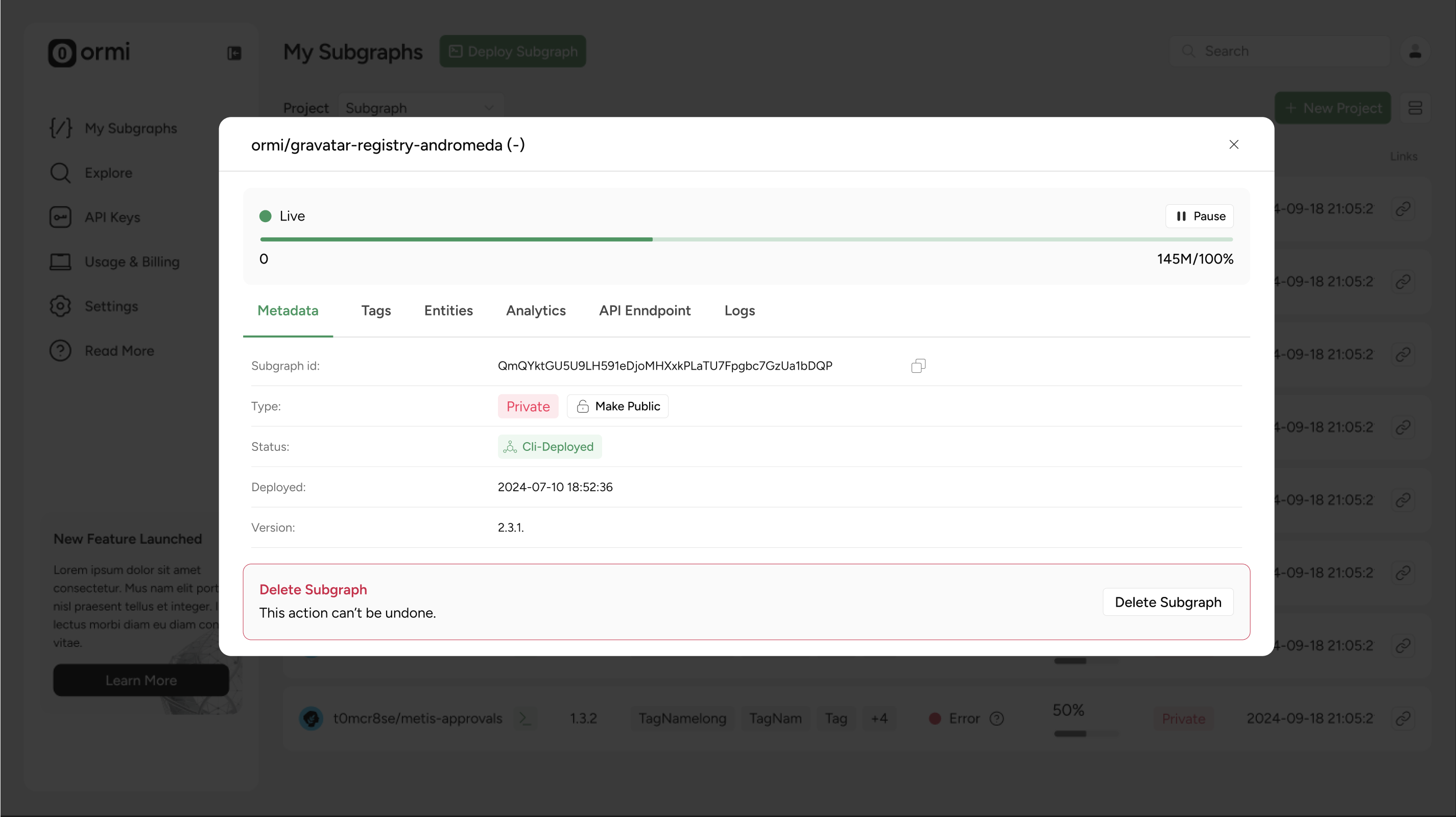 Ormi Subgraph Dashboard